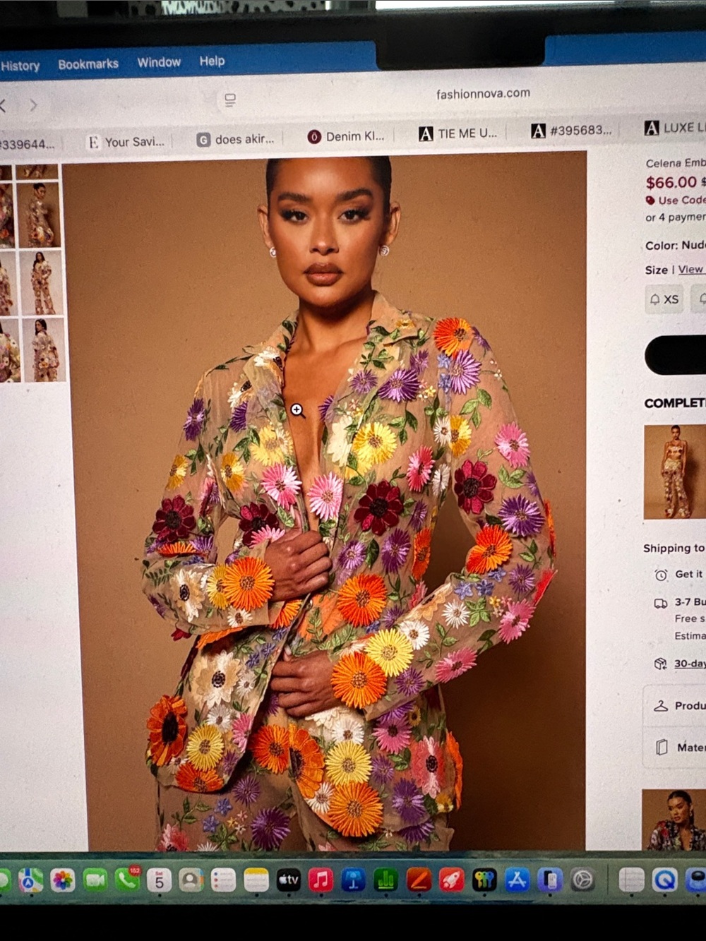Fashion Nova Nude Sheer Floral Embroidered Blazer with Multicolor Flowers